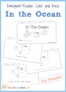 Free Printable for kids daycare or Sunday school. Filled with ocean animals and easy to read words. God made the ocean and In the Ocean Emergent Reader Book
