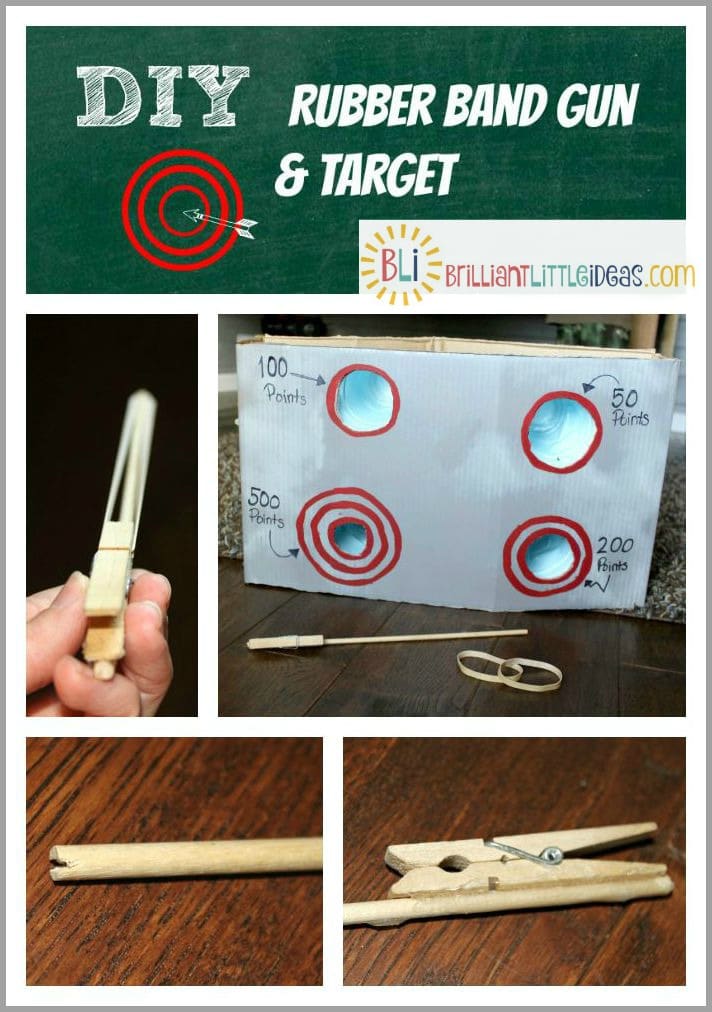 DIY craft for kids.Your kids will have so much fun with their DIY Rubber band gun and target. Great summer craft, rainy day craft, or weekend kid crafts.