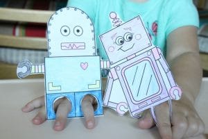 Quick and easy printable craft for kids 4 Robot Finger Puppets are a hit with kids of all ages. Just print, color, cut & enjoy! Robot theme craft color page