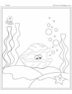 Free Printable Ocean Color sheets. Big figh, Shark, Octopus, Jellyfish, turtle, clam & Starfish color pages for your Fun Friday. 5 Ocean Theme Color Pages