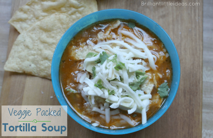 Kids will love this Veggie Packed Tortilla Soup. Great kid food, daycare food, healthy meal and healthy kid food for lunch dinner or supper.