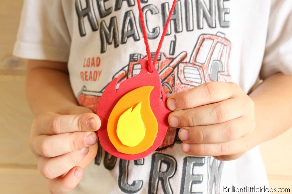 What a great craft for your kids to make at a Fireman Birthday or just for a day of Fireman theme fun! Printable Fire Flame Necklace Template kids activity.