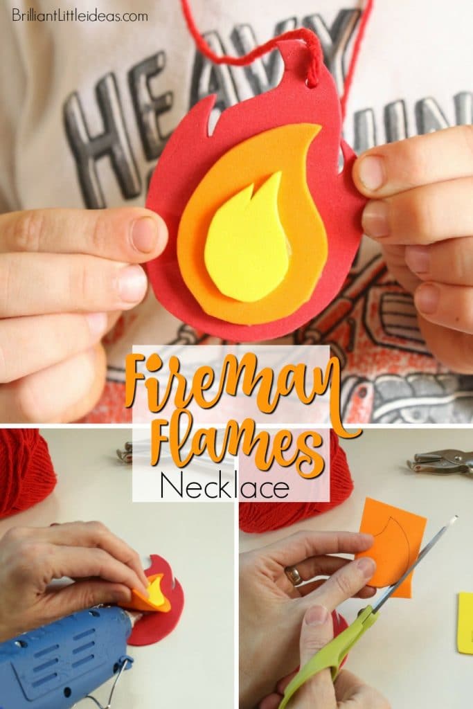 What a great craft for your kids to make at a Fireman Birthday or just for a day of Fireman theme fun! Printable Fire Flame Necklace Template kids activity. Fireman Birthday Theme #Fireflames #firemantheme #firemanpretendplay #diyfireman #funforkids