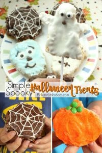 Oh my gosh, these are so easy! Try the Simple Spooky Halloween Treats for your kids. A Rice krispie Treat on a stick is a great idea for school parties too.