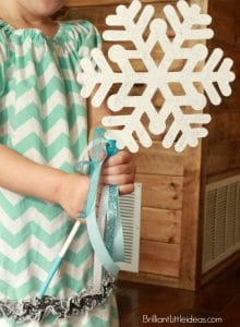 Your kids are going to love this DIY Snowflake Wand party favor. It goes great with a Frozen Elsa Costume. We used ours for pretend play being Snow Queens in a winter wonderland. Beautiful Birthday party favors or centerpieces. Watch the video on how to make your own snowflake wand