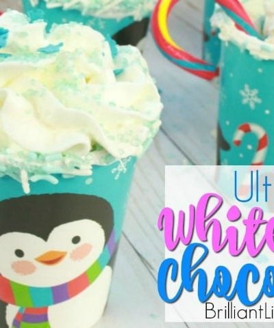 The Ultimate White Hot Chocolate is sure to put a smile on any kids face. Especially what is on the rim. They will be begging for more hot cocoa. This recipe is easy and even has a how to video. Peppermints are an added bonus as well as sprinkle toppings.