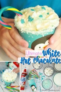 The Ultimate White Hot Chocolate is sure to put a smile on any kids face. Especially what is on the rim. They will be begging for more hot cocoa. This recipe is easy and even has a how to video. Peppermints are an added bonus as well as sprinkle toppings.
