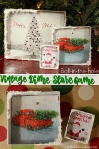 Everyone will love this vintage game diy Christmas gift. Great toy for balance, & patience. How to make your own ball in the hole vintage game for kids & adults. great idea for old christmas cards. #VintageChristmas #balancegame #patiencegame #kidfun #vintagegame