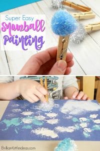 Your preschool kids will love this Super Easy Snowball Painting art for kids. You can even add glitter for a cute & fun winter time snow activity. Pom pom ball crafts are my favorite to keep my kids busy on cold days. Let them make a snowman or a winter storm in their pictures.